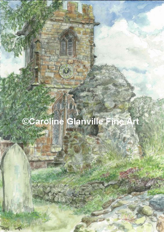 Church & castle ruins Ruyton X11 Towns, painting by Caroline Glanville